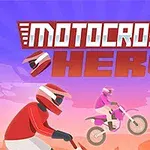 Tres motociclistas con cascos de colores brillantes compiten en una pista de motocross bajo un cielo púrpura, con un texto grande en la parte superior