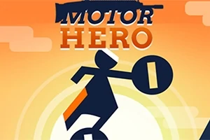 Silueta de personaje montando una motocicleta contra un fondo naranja con texto en la parte superior