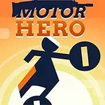 Silueta de personaje montando una motocicleta contra un fondo naranja con texto en la parte superior