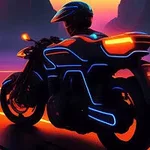 Motociclista con traje y motocicleta futurista iluminados por luces neón en un paisaje al atardecer