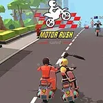 Dos motociclistas con trajes de colores brillantes compiten en una carretera urbana, rodeados de edificios y árboles, mientras un logotipo de motocicleta en la parte superior destaca