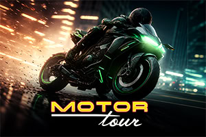 Motocicleta deportiva negra con luces verdes derrapando a gran velocidad en una ciudad nocturna, con chispas y el texto MOTOR tour