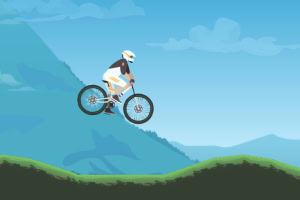 Ciclista en bicicleta haciendo un salto en un paisaje montañoso con cielo azul
