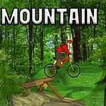 Ciclista con bicicleta roja saltando en un bosque verde y frondoso