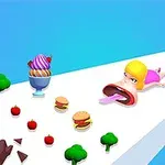 Mujer animada con lengua extendida sobre una plataforma recogiendo comida como helado, hamburguesas y verduras