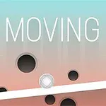 Texto MOVING UP en letras blancas sobre fondo degradado con un diseño de círculos y una línea diagonal que sostiene una esfera gris