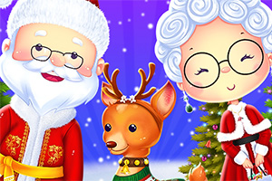Dos personajes festivos sonrientes junto a un reno con fondo de árboles de Navidad y luces brillantes