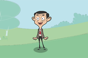 Personaje animado con un traje de chaqueta y corbata, de pie en un paisaje con árboles y césped