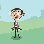 Personaje animado con un traje de chaqueta y corbata, de pie en un paisaje con árboles y césped