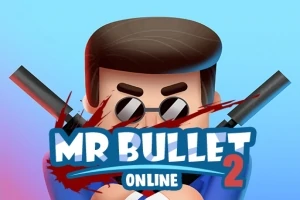 Personaje de dibujos animados con gafas de sol y dos pistolas, con las palabras Mr Bullet 2 Online en el centro
