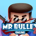 Personaje de dibujos animados con gafas de sol y dos pistolas, con las palabras Mr Bullet 2 Online en el centro