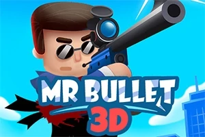Personaje de caricatura con gafas de sol sosteniendo un rifle, acompañado del texto MR BULLET 3D sobre un fondo azul
