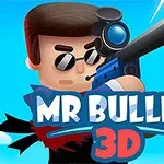 Personaje de caricatura con gafas de sol sosteniendo un rifle, acompañado del texto MR BULLET 3D sobre un fondo azul
