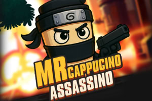 Un personaje caricaturesco con una banda en la cabeza y un arma, acompañado del texto MR Cappucino Assassino sobre un fondo ardiente