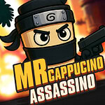 Un personaje caricaturesco con una banda en la cabeza y un arma, acompañado del texto MR Cappucino Assassino sobre un fondo ardiente