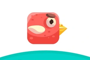 Ícono de un personaje de pájaro rojo con un ojo grande y pico amarillo sobre un fondo blanco