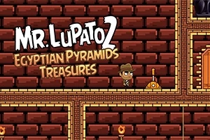 Personaje con sombrero de aventurero en un escenario de ladrillos rojos con palanca, antorchas y un letrero que dice Mr