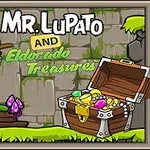 Explorador con sombrero junto a un cofre del tesoro abierto, lleno de joyas y oro, en un entorno de jungla