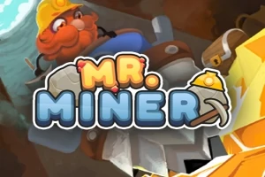 Un personaje barbudo con casco de minero está detrás del texto MR