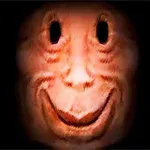 Rostro sonriente con rasgos exagerados y ojos oscuros, en un fondo negro
