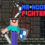 Dos personajes pixelados con espadas y escudos frente a un fondo de calabozo, con el texto Mr Noob Fighter en la parte superior