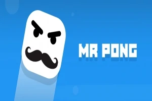 Caricatura de una cara con bigote y expresión seria junto al texto MR PONG sobre un fondo azul