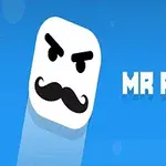 Caricatura de una cara con bigote y expresión seria junto al texto MR PONG sobre un fondo azul