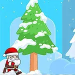 Santa Claus corriendo en un paisaje invernal con árboles cubiertos de nieve y una estrella dorada a la derecha