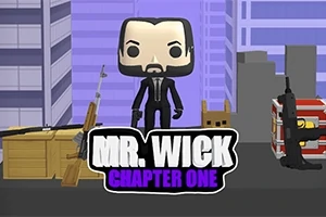 Figura de estilo pop de un personaje con barba y traje negro, rodeado de cajas, armas y un fondo de rascacielos, con texto Mr