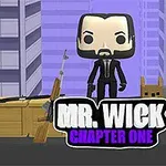 Figura de estilo pop de un personaje con barba y traje negro, rodeado de cajas, armas y un fondo de rascacielos, con texto Mr
