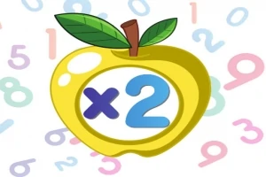 Una manzana amarilla con hojas verdes al centro, con el símbolo x2 en su interior y números de colores en el fondo