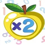 Una manzana amarilla con hojas verdes al centro, con el símbolo x2 en su interior y números de colores en el fondo