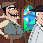 Dos personajes animados de aspecto caricaturesco, uno con sombrero y otro con bastón, frente a una ventana de vitrales de colores