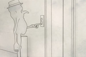 Personaje dibujado de forma caricaturesca con sombrero presionando el botón de un elevador
