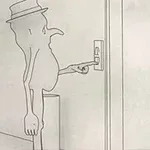 Personaje dibujado de forma caricaturesca con sombrero presionando el botón de un elevador