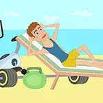 Un hombre relajándose en una tumbona en la playa rodeado de equipo de ejercicio
