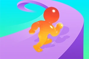 Figura gelatinosa naranja corriendo en un camino curvo de colores morado y azul
