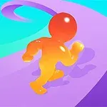 Figura gelatinosa naranja corriendo en un camino curvo de colores morado y azul