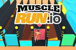 Un personaje virtual corriendo hacia una serie de puertas de colores con el texto MUSCLE RUN