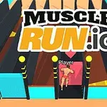 Un personaje virtual corriendo hacia una serie de puertas de colores con el texto MUSCLE RUN