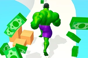 Un personaje verde musculoso corriendo por un camino con cajas y billetes flotantes a su alrededor