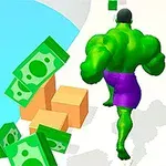Un personaje verde musculoso corriendo por un camino con cajas y billetes flotantes a su alrededor