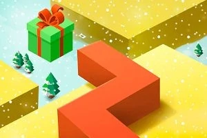Paquete de regalo verde con lazo rojo en un paisaje invernal junto a un camino zigzagueante naranja y árboles decorativos