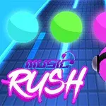 Bola rosa con audífonos en una pista futurista, acompañada de las palabras music RUSH