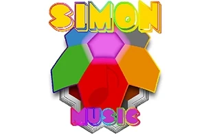 Texto colorido de Simon Music enmarcando un diseño de paneles hexagonales multicolores