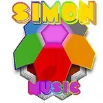 Texto colorido de Simon Music enmarcando un diseño de paneles hexagonales multicolores