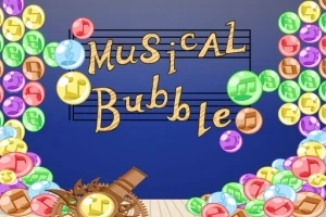 Burbujas coloridas con notas musicales rodean el texto Musical Bubble sobre un fondo azul con líneas musicales