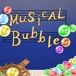 Burbujas coloridas con notas musicales rodean el texto Musical Bubble sobre un fondo azul con líneas musicales