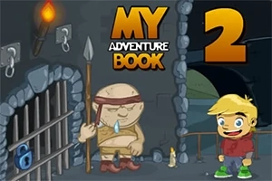 Niño rubio con ropa roja y manos en los bolsillos junto a un guardia ciclópeo en una mazmorra oscura con antorchas y jaula cerrada, acompañado del texto MY ADVENTURE BOOK 2
