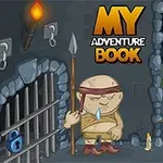 Niño rubio con ropa roja y manos en los bolsillos junto a un guardia ciclópeo en una mazmorra oscura con antorchas y jaula cerrada, acompañado del texto MY ADVENTURE BOOK 2